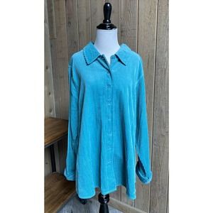 Denim & Co. 1X Shirt Jacket Button Down Collared Stretch Corduroy Blue NWT